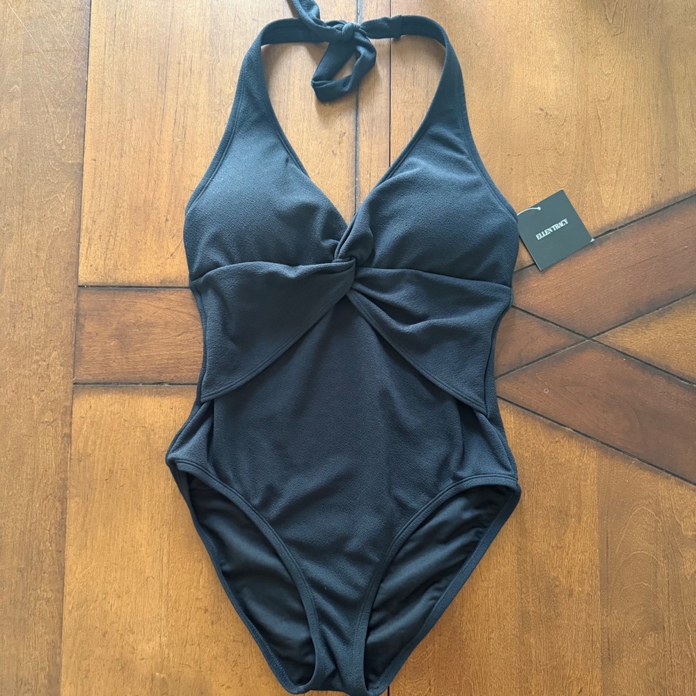 NWT Ellen Tracy Womens Black Twist Front Halter One Piece Swimsuit Size 12